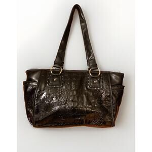 Relic Faux Patent Leather Black Multi Pocket Shoulder Bag Silver Accents